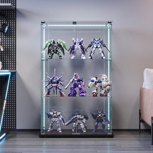 Vitrina de cristal con iluminación LED, vitrina de cristal de pie, armario de cristal con 2 puertas, 3 pisos, vitrina coleccionable para coleccionables, libros, modelos, vino (2 puertas, 3 pisos, tira