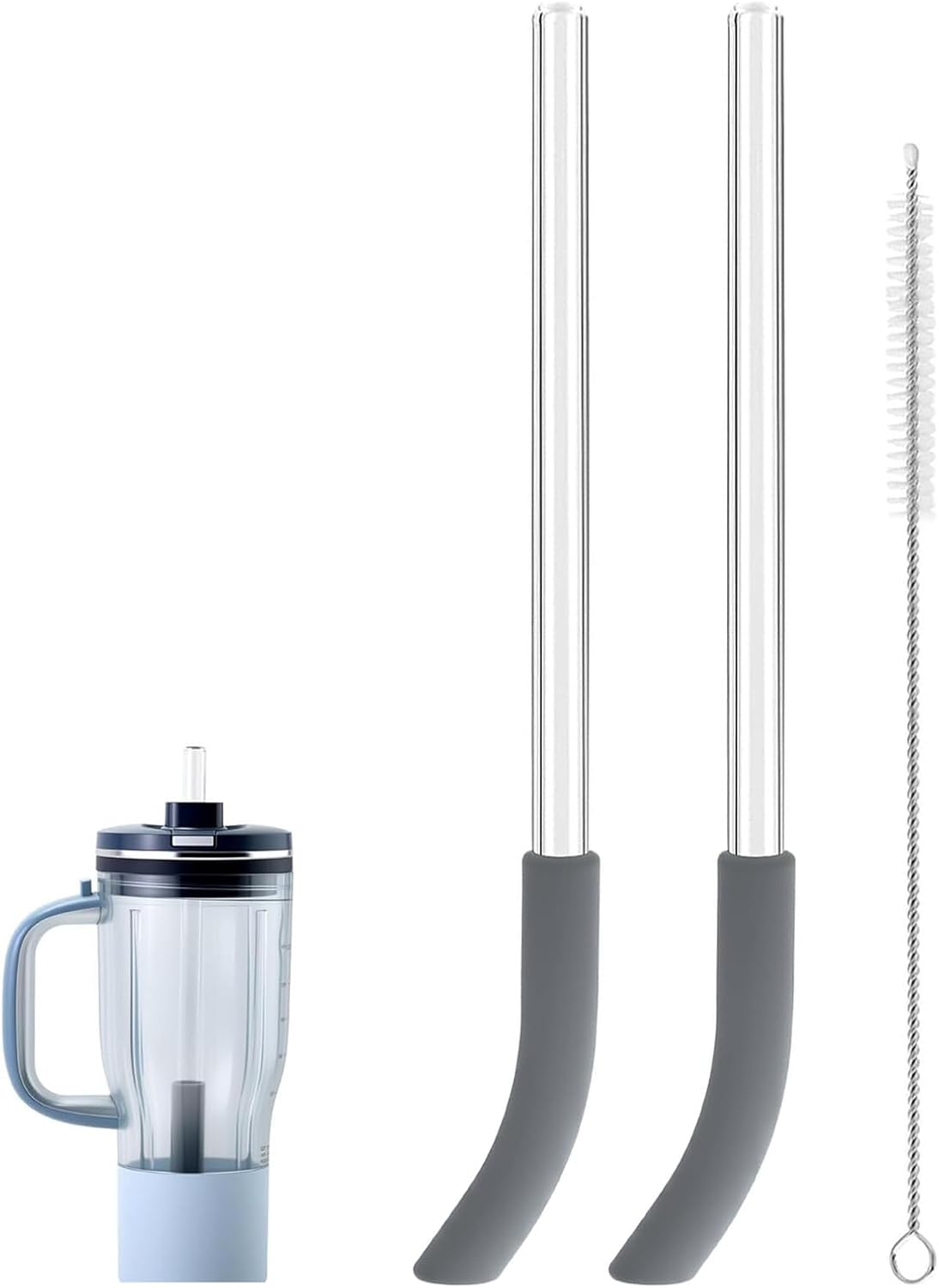 WEISIPU Replacement Straw for Ninja Blend Boss, 2pcs Reusable Glass Straws with Cleaning Brush Compatible with Ninja Travel Tumbler, Cup Straw Ninja Blender Accessories (Gray)
