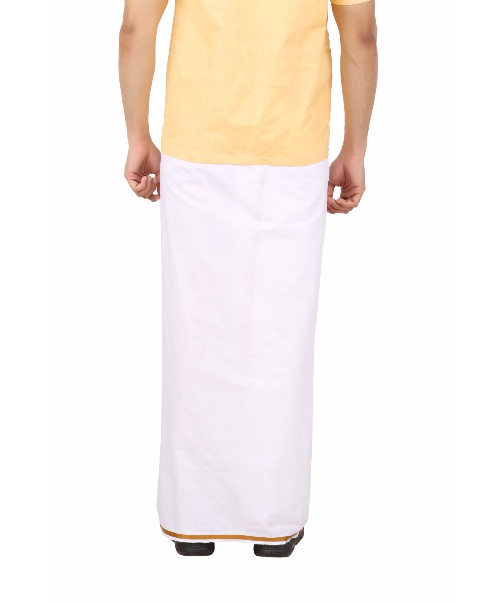 Prakasam Cotton -White Readymade Pocket Dhoti For Mens/Fine Quality White Readymade Dhoties For Mens- Gold Border