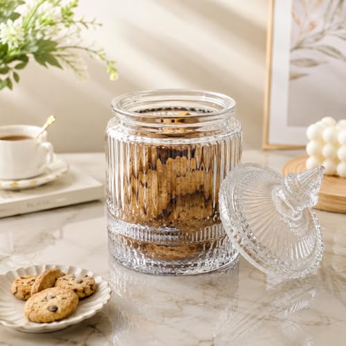 Image of bellemax Ribbed Glass Candi Jars 370 ML with Lid | Decorative Storage Jar for Candy, Cookies, Chocolates, Dry Fruits & Snacks | Airtight Glass Container for Kitchen Candy Jar Pack of 1