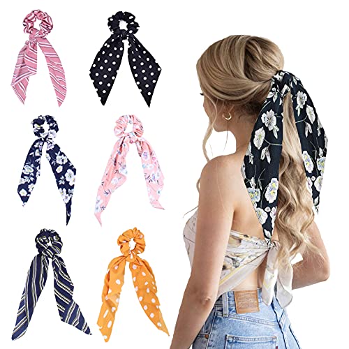 6Pcs Hair Scarf Scrunchies, Smilco Chiffon Floral Scrunchie Hair Bands Hair Scarves Ribbon scrunchie, Ponytail Scarf Scrunchies for Women Girls