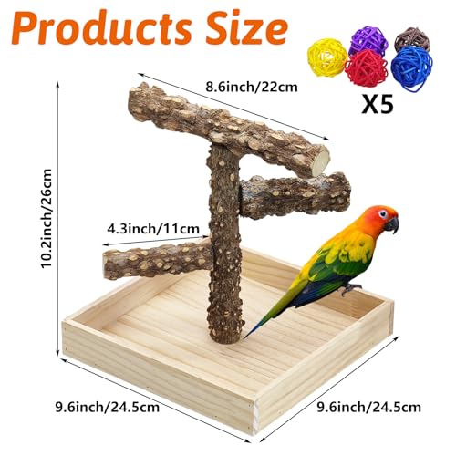 Image of BNOSDM Portable Bird Perch Stand with Potty Tray, Natural Wood Tabletop Training Gym Parrot Playground Toy for Budgies, Cockatiels, Lovebirds,Conures Canaries