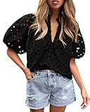 PRETTYGARDEN Women's Summer Tops Dressy Casual Short Lantern Sleeve V Neck Buttons Hollow Out Lace Embroidered Blouses Shirts (Black,X-Large)