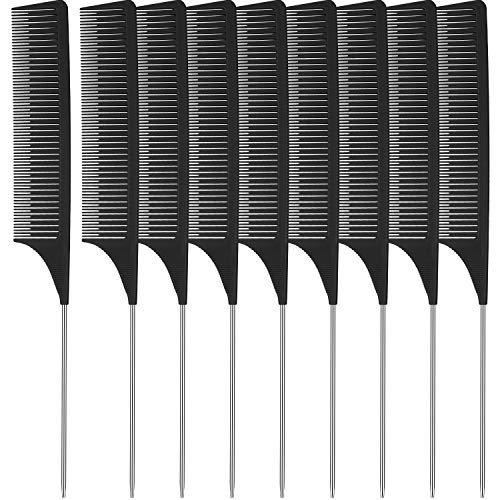 9 Pieces Rat Tail Hair Comb Fine Teeth Hair Styling Comb Hair Cutting Comb Steel Pintail Carbon Fiber Heat Resistant Teasing Combs with Stainless Steel Pintail Handle for Women (Black)