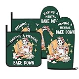 Funny Oven Mitts and Pot Holders Sets Green Skeleton Kitchen Mitts for Women Chef Cookie Baker Gifts Humorous Birthday for Mom Sister (Green, Oven Mitts & Pot Holders)