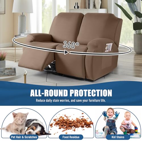 Image of TAOCOCO Recliner Loveseat Slipcover, 2 Pieces Polyester Fabric Stretch Sofa Covers for 2 Seat Reclining Couch, Soft Washable Furniture Protector with Pockets (2 Seat, Light Coffee)