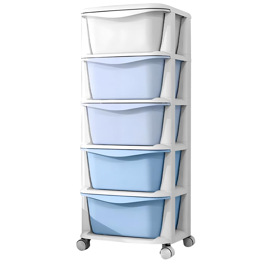 Kids Storage Units with 5 Drawers, Plastic Storage Drawers, 5 Tier Chest Vertical Dresser Tower Toy Organizer, Space-Saving Draws for Office,Home,36X36X89cm, for Nursery Playroom Kindergarten (blue)