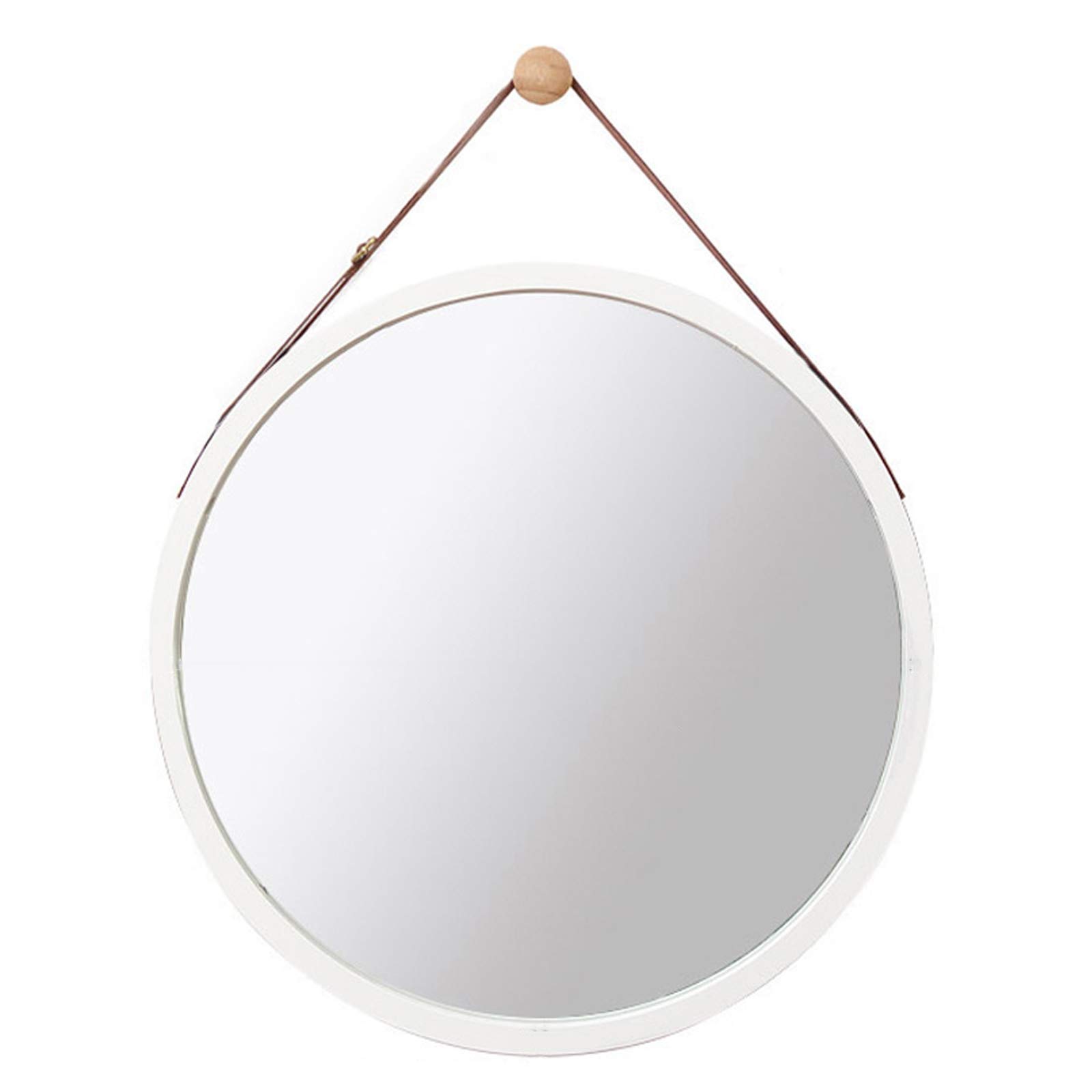 Specchio Espejo de baño de pared con Correa Ajustable, Redondo, Simple, HD, Plateado, Marco de Madera maciza, Ideal para dormitorio, Sala de estar, pasillo (Blanco, 45 cm).