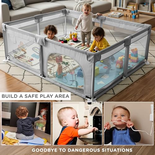 Image of Baybee Kids Playpen for Babies | Baby Play Area Indoor Setup with Zipper Door & Toys Pouch (Light Grey)