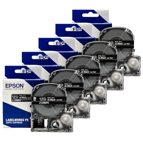 Epson LABELWORKS 212WBPX-5PK Genuine PET (Polyester) Tape Cartridge - White on Black Industrial Label Maker Tape - 1/2