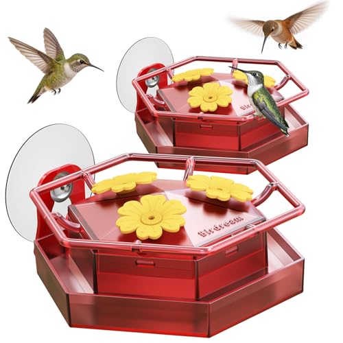 Birdream 2 Pack Window Hummingbird Feeders for Outdoors Hummingbird Feeder with Strong Suction Cups Built-in Ant Moat Easy to Clean & Refill 8.8oz Total Red