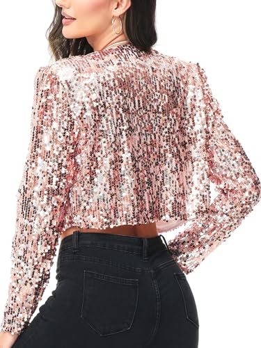 Anna-Kaci Womens Shiny Sequin Long Sleeve Glitter Cropped Blazer Bolero Shrug, Rose Gold, XX-Large - Thumbnail 3