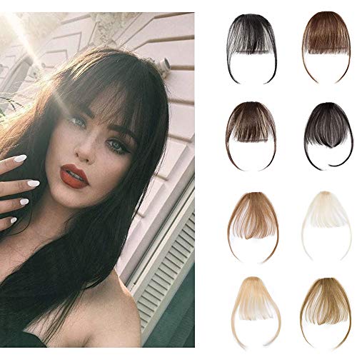 Clip In Air Bangs 100% Remy Human Hair Extensions One Piece front Neat Air Fringe Hand Tied Straight Flat Bangs Clip On Hairpiece With Temples For Women #1B Natural Black 3g