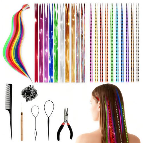 Lot de 60 Extension Cheveux Colorés Mèches,Cheveux Brillants Mèches colorees avec 3 Modèles avec Outils pour le Carnaval et les Fêtes