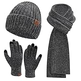 Womens Winter Knit Warm Hat Beanie+Long Scarf+Touch Screen Gloves Set Skull Caps Neck Scarves for Women Men