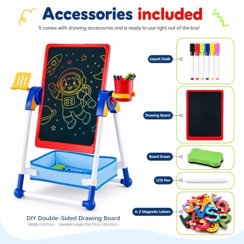 Cleboen Kids Art Easel, 21" Double-Sided LCD Writing Tablet & Magnetic Whiteboard, Adjustable & Detachable Drawing Board with Magnetic Letters, Toddler Learning Toys for Boys Girls Ages 3-6 - Image 2