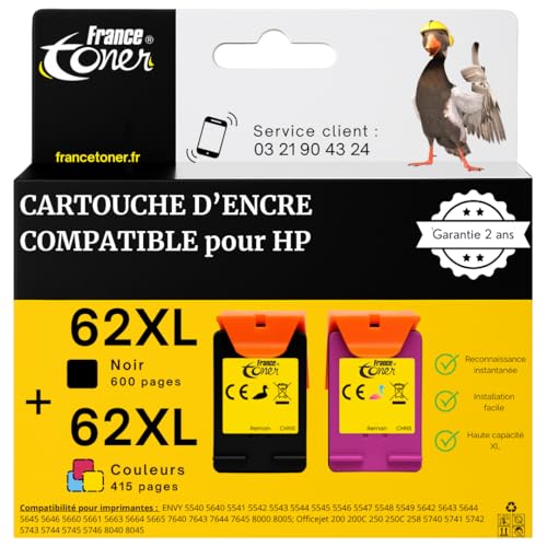 Cartouches HP 62 XL compatibles encre haute qualité imprimante ENVY 5540 5640