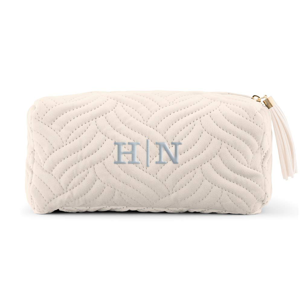 WEDDINGSTAR Small Personalized Velvet Quilted Makeup Bag For Women - Ivory Beige