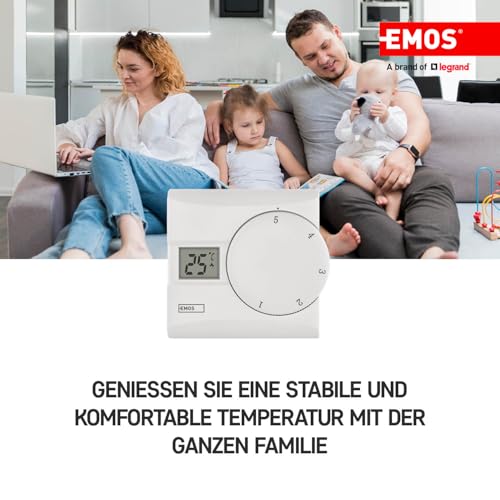 EMOS - digitaler Raumthermostat mit LCD-Display - manuell, drahtgebunden - Heiz- und Kühlsysteme - Temperaturregelung 5-30 °C - Aufputzmontage - einfache Bedienung - Batterie inkl. - weiß