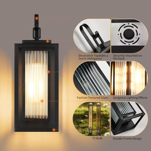 Image of 2 Pack Outdoor Wall Lights for House Exterior, 18 Inch Large Black Modern Lantern with Dual Metal Frame & Textured Glass, IP65 Waterproof (Bulbs Included)