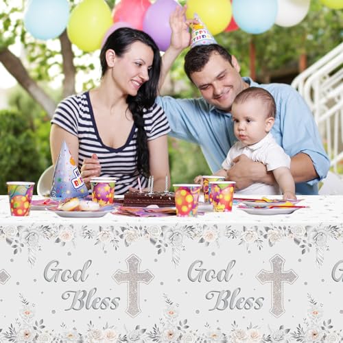 Image of God Bless Baptism Tablecloths - 3-Pack White Gold Baby Baptism Party Table Cover Silver Color Flower Cross Dosposable Plastic Waterproof Rectangle God Bless Tablecloth Baby First Communion