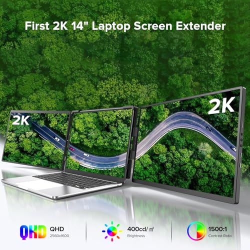 Image of UPERFECT Laptop Screen Extender, 2K 14 inch 360 Patented Unique Swivel Hinge Triple Monitor, 2240x1400 QHD IPS Portable Dual Monitor for 13.3 inch-17.3'' Laptops, Plug & Play with Mac, Wins, Android