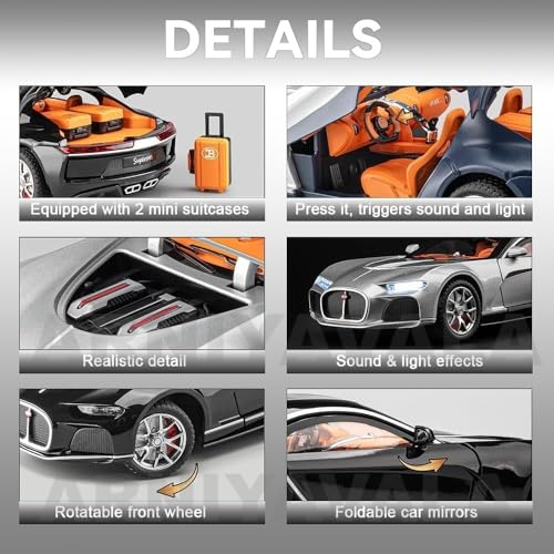 Image of Bugatti Atlantic 1:24 Diecast Scale Model Metal Pull Back Toy car for Kids with Openable Doors & Light, Music Toy Vehicle for Kids (Black)
