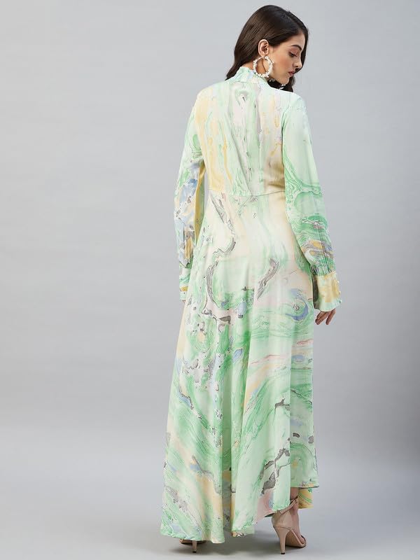Image of Aaheli Women's Rayon Marbled Print Maxi Dress | Long Sleeve Tie-Neck A-Line Flared Dress | Casual, Party Western Outfit | Green