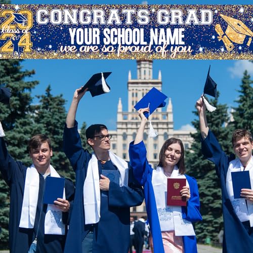 Graduation Party Decorations Banner Blue Gold Personalized Graduation Yard Banner Sign Congrats Grad Banner with 78 Alphabet Stickers for Class of 2024 High School College Graduation Party Supplies - Thumbnail 2