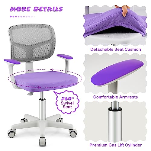 Costzon Kids Desk Chair, Children Study Computer Chair With Adjustable Height, Lumbar Support, Sit-Brake Casters, Swivel Mesh Seat, Ergonomic Kids Task Chair For 3-10, Home, School, Office (Purple) #TOP4