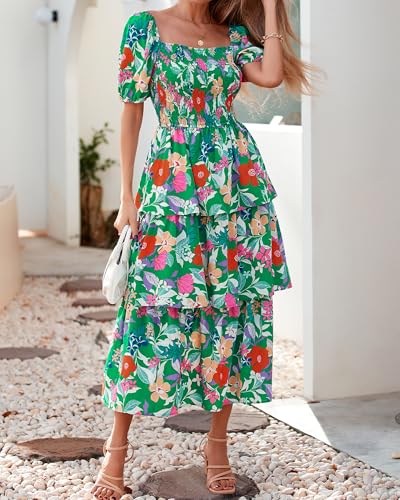 Image of BTFBM Womens Floral Smocked Summer Maxi Dresses | Square Neck Puff Short Sleeve Ruffle Tiered, 2026 Trendy Casual Sundress, Cruise Holiday Beach Vacation Wedding Guest Dress