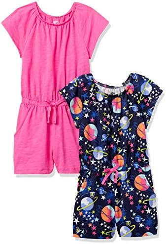 Amazon Essentials Toddler Girls' Knit Short-Sleeve Rompers (Previously Spotted Zebra), Pack of 2, Navy Space/Pink, 2T