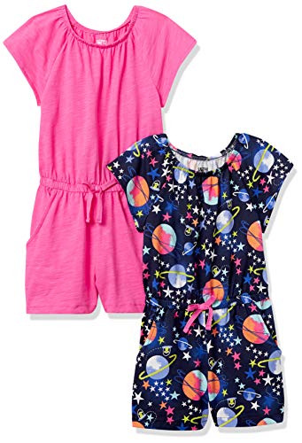 Amazon Essentials Toddler Girls' Knit Short-Sleeve Rompers (Previously Spotted Zebra), Pack Of 2, Navy Space/Pink, 2T #TOP3