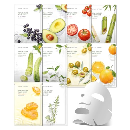 Nature Republic Real Nature Sheet mask set (10 Pack) | Moisturizing & Soothing Facial Masks with Natural Extracts Moisture Barrier Support Hydrating Skincare for All Skin Types Korean Skin Care