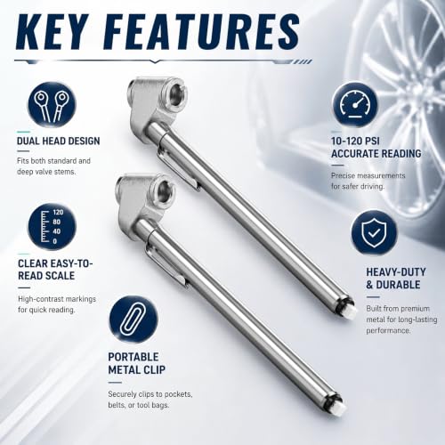 Image of BBTO 2 Pcs 10-120 Psi Low Pressure Tire Gauges Pencil Tire Gauges | Stainless Steel, Tire Gauges for Tire Pressure, Reverse Osmosis Tank, Garden Tractors, Golf Carts, Atv, Sports Equipment