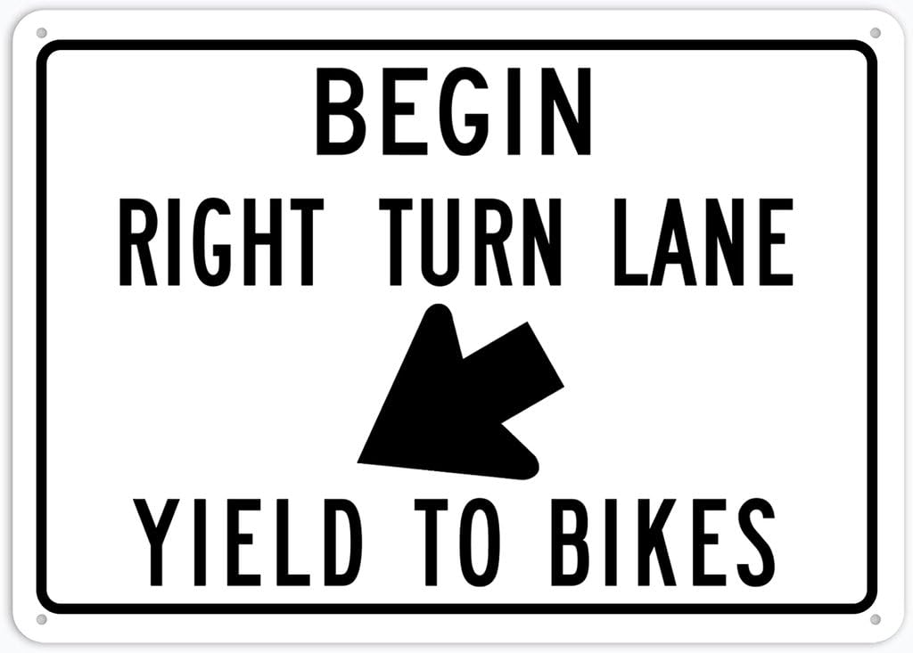 Xewazd A91 8"X12" Tin Metal Lane Guidance Sign - Begin Right Turn Lane (Yield To Bikes) | Road Street Outdoor Decor