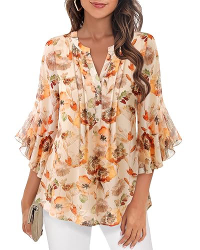Image of Timeson Women's Short Sleeve V Neck Blouses Shirts Floral Double Layers Mesh Tunics Tops