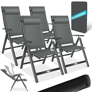 KESSER® Gartenstuhl Hochlehner mit Armlehnen 4er Set Aluminium Klappstuhl mit Kopfkissen & Abdeckung Campingstuhl 7-Fach Verstellbar Rückenlehne Atmungsaktiv Wetterfest Klappbar Anti-Rutsch, Anthrazit