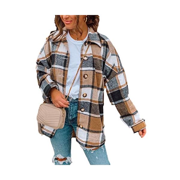 Yeokou Women's Fall Color Block Plaid Flannel Shacket Jacket Button Down Shirt Coat Tops(Khaki-L)