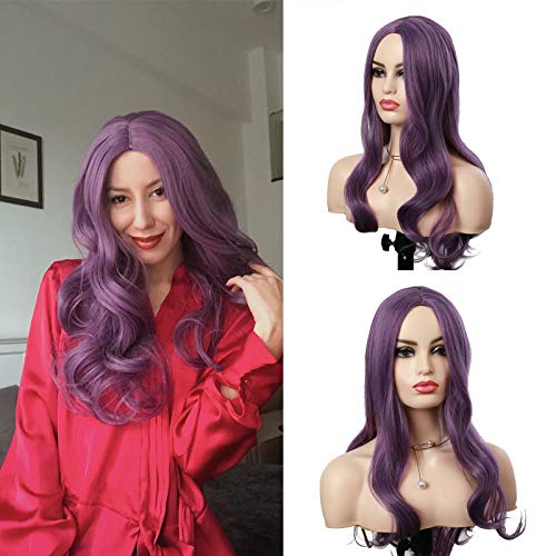 Long Wavy Purple Wigs for Women Fluffy Wig with Air Bangs Silky Full Heat Resistant Synthetic Wig for Girl Heat Cosplay Party Wigs（24"purple pink）