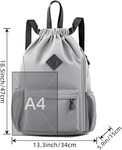Miniatura 2 de Valleycomfy Mochila de gimnasio impermeable con cordón para hombres y mujeres, bolsa de gimnasio deportiva con bolsillo lateral, Gris, Classic