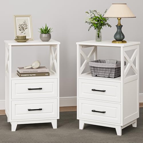 Image of RoyalCraft 30 inch Tall Nightstand, Modern Painted Bedside Table with 2 Drawers and Open Shelf, Wood Side Table for Bedroom, Home Office, White-Open Shelf Above, Set of 2