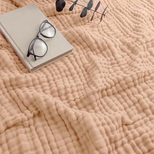 Image of Comfy Cubs Muslin Throw Blanket - 50 inch x 60 inch Quilted Design - Lightweight, Breathable 6-Layer Gauze Fabric - Soft Cotton Blanket for Home or Travel - Packaged in Elegant Gift Box - Cream
