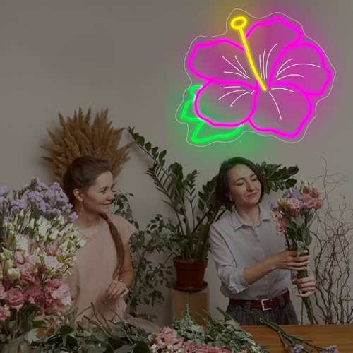 Image of Hibiscus Neon Sign Hibiscus Flower Neon Light Hawaii Floral Neon Light Tropical Flower Sign Home Wall Art Decoration, 15 inchx12 inch, Pink