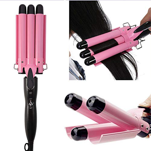 Autofather 3 Barrel Curling Iron Wand Dual Voltage Hair Crimper Temperature Adjustable 25mm Hair Crimper, 1 Inch Ceramic Tourmaline Triple Barrels, Hair Waving Styling Tools (Pink)
