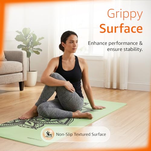 Image of Amazon Basics Printed TPE Yoga Mat with Yoga Strap | 6 mm Thick | Non-Slip Grippy Surface | Lightweight & Flexible Rubber-Like Material | Floor Protection | Ideal for Yoga, Pilates, Stretching & Fitness | 183 x 61 cm | Emerald Green