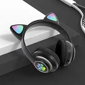 Fone de Ouvido Infantil Bluetooth com Orelhas de Gato, LED RGB, Dobrável, Ajustável, Design Kawaii para Crianças (Preto)