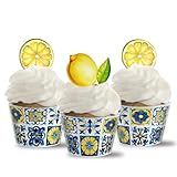 Blue Tile and Lemons Cupcake Wrappers,Mediterranean Tiles,24 Lemon Cupcake Toppers +Cupcake Wrappers