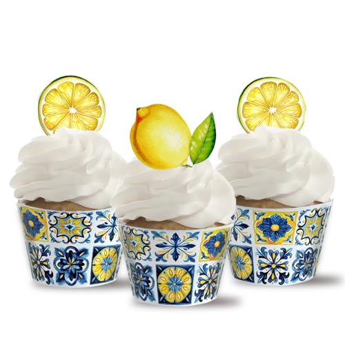 Blue Tile and Lemons Cupcake Wrappers,Mediterranean Tiles,24 Lemon Cupcake Toppers +Cupcake Wrappers