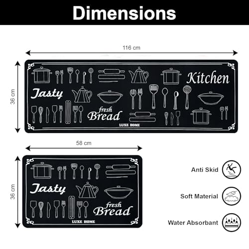 Image of Luxe Home Kitchen Mat Combo Jasty Fresh Bread Design Standing Desk Floor Mat Non Slip Kitchen Rugs, Comfort Runner Floor for Home Office, Sink & Laundry - Grey (116x36 & 58x36 cm PC-2)